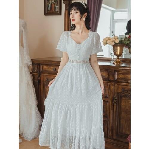 Summer French Lace Fairy Dresses White Design Sense Retro Robe Femme Square Collar Temperament Thin Maxi Dress