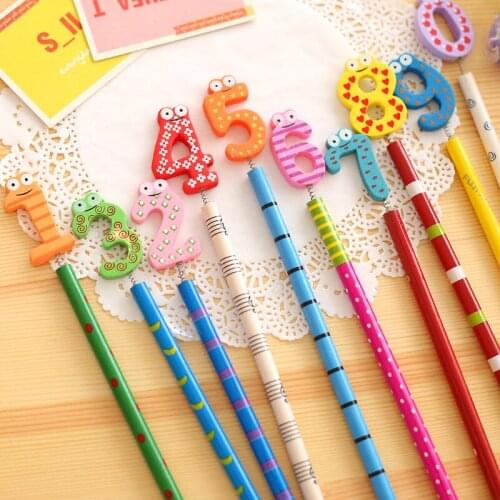 100pcs kawaii wood pencil cartoon number pencil for school supplies kids writing cute stationary pencil drawing free shipping