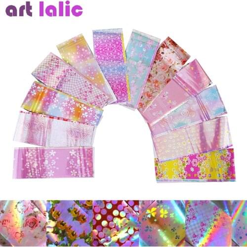 16Pcs Pink Flower Nail Art Foil Set Romantic Valentines Day Laser Sky Starry Nail Transfer Sticker Manicure DIY Tips Decoration