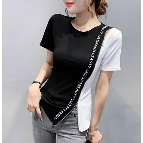 #6031 Hip Hop T Shirt Women Side Zipper Sexy Short T Shirt Short Sleeves Harajuku Streetwear Tee Cotton Summer Top Spliced Color