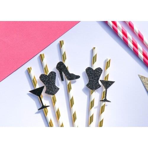 Glitter black High Heels Straws, Corset Straws,Martini Straws ,Golden Bachelorette Party Decor