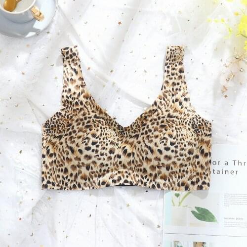 Summer Beautiful Back Underwear Women Gather Thin Ice Silk Wrap Chest No Steel Ring Bra Seamless Sexy Leopard Print Bra Nude