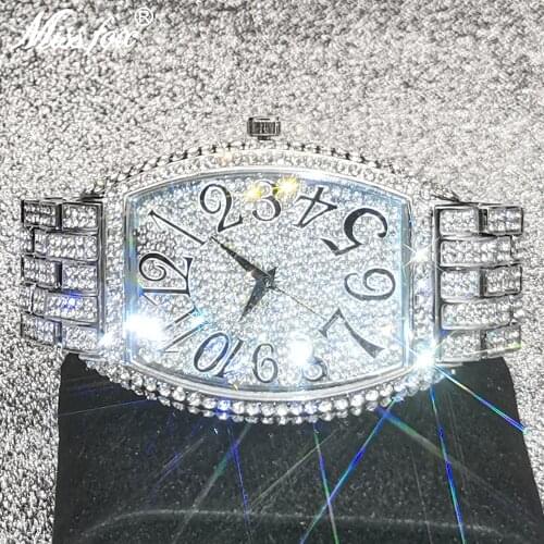 Hip Hop MISSFOX Full Iced Out Tonneau Watch Men Steel Fashion Luxury Rhinestones Quartz Bling Wristwatches Arab Business Watch