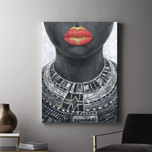 Black Woman Canvas Wall Art: Native African Girl In Gold and Red Lip with Tribal Necklaces African Art Paintings Poster Bedroom