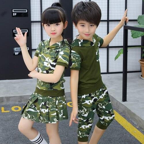 2PCs Camouflage Combat Military Uniform for Kids Boys Girls Hooded Green T-shirt Skirt Set Combat Army Suit Dance Costumes