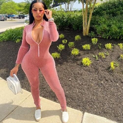 Casual Velvet Jumpsuit Women Autumn Winter Zipper Front Long Sleeve Rompers Womens Overalls Fitness Elastic One Piece Outfits