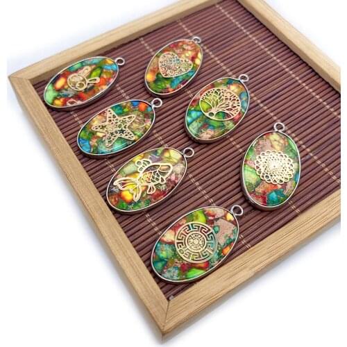 Natural Stone Pendant Multicolor Rainbow Fashion Oval Single Hole Covered Hollow Pendant Jewelry DIY Handicraft Necklace Making