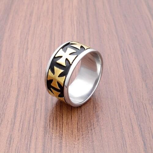 Free Shipping Gothic German Personality Iron Golden Plated Cross Mens Stainless Steel Fashion Ring For Gift
