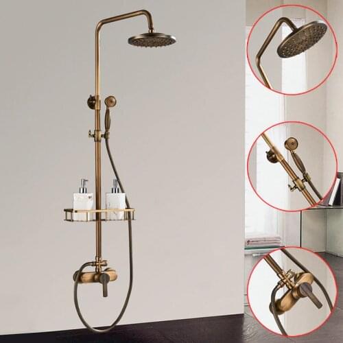 Bathroom Antique Brass Rainfall Shower Faucets Set 8'' Dual Handle Mixer Tap Shower Shelf Swivel Tub Spout Bath Shower Commodity