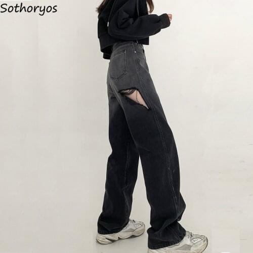 Ripped Holes Jeans Women Harajuku Gradient Ins Fashion Mopping Unisex BF Hip Hop Korean Fashion High Waist Vintage Baggy Denim