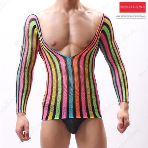 Sexy Males Deep V Low Cut Bodystocking lingerie Top Man Cross Dressing Sexy Fetish Hot Shirt Passionate Rainbow Costume Sleeve
