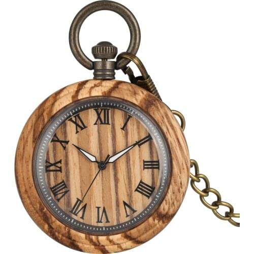 Light Brown Wooden Quartz Pocket Watch Large Dial with Roman Numerals Pocket Watches Useful Night Light Pointers Pendant for Men