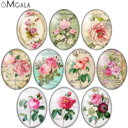 Vintage Retro Rose Flowers Art Paintings 13x18mm/18x25mm/30x40mm Oval photo glass cabochon flat back Making findings