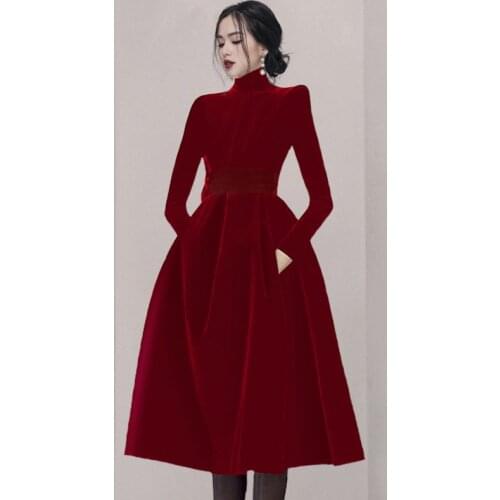 High Quality 2021 Autumn Vintage Velvet Turtleneck Long Sleeve Party Dress Temperament Elegant Female High Waist Midi Dress
