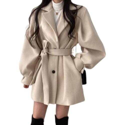 Folder Cotton Womens Woolen Coat Spring Autumn Lantern Sleeve Jacket Women Suit Collar Wool Outwear Lace Up Solid Color Jackets