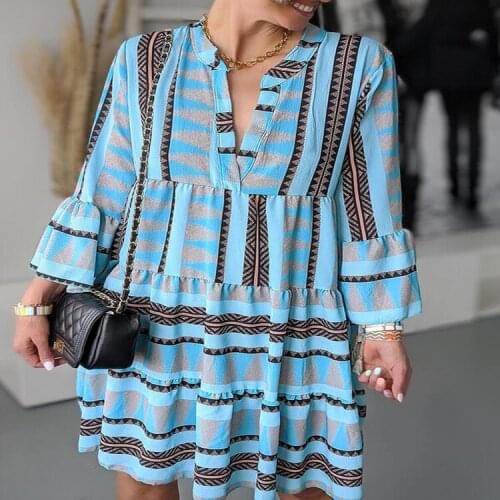 New Womens Loose Cool Dress Temperament Geometric Print V-neck Trumpet Sleeve Swing Skirt Holdiay Party Casual Soft Dress