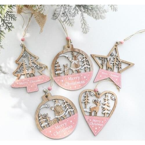 2021 New Year 1Pc Pink Christmas Ornament Wooden Hanging Pendants Star Xmas Tree Love Santa Claus Christmas Decorations