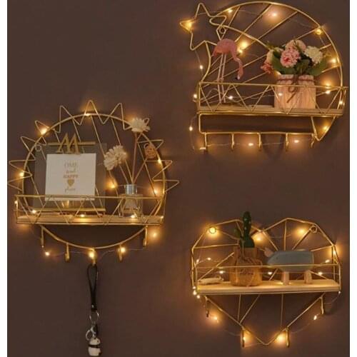 1pc Gold Sun Wall Shelf Creative Love Heart Floating Iron Frame Storage Rustic Storage Display Rack Shelves Key Hook Coat Holder