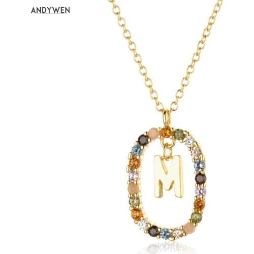 ANDYWEN 925 Sterling Silver Gold Letters M Alphabet 26 Initial Pendant Necklace Long Chain Choker With Charm Luxury Fine Jewelry