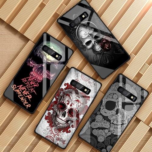 Tempered Glass Phone Case For Samsung Galaxy A6 A6S A8 A8S J6 J8 2018 S8 S9 S10 PLUS NOTE 8 9 Retro Style Flower Skull