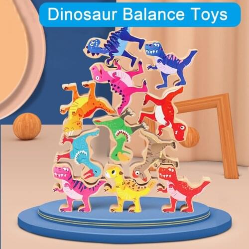 Children Montessori Wooden Animal Balance Blocks Board Games Toy Dinosaur Educational Stacking High Building Block Wood Toy Boys