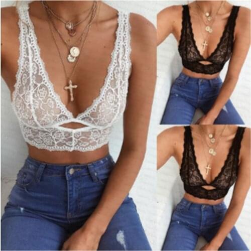 Women Bra Deep V-Neck Floral Print Lace Lingerie Top Unpadded Sheer Mesh Hollow Out See-through Transparent Underwear