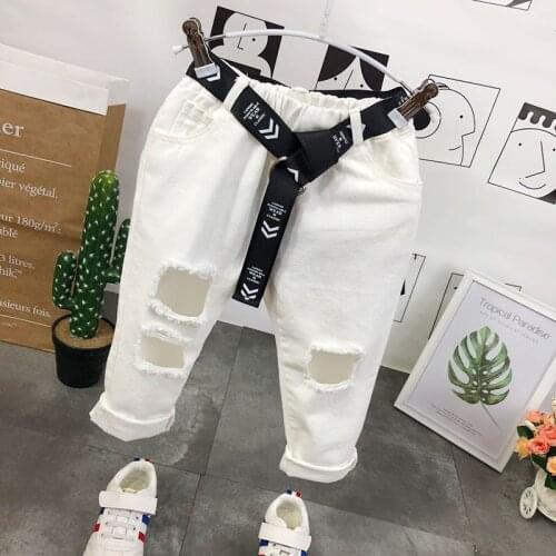 Fashion Brand Childrens Denim Pants 2019 Autumn New Toddler Broken Hole Pants Kids Boys Ripped Jeans with Belt Kids Jeans 2-7Y