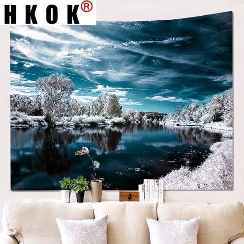 HKOK Lake Forest Winter Landscape Tapestry Hanging Covering Rugs Background Cloth Beach Mat Blanket Art Bedroom Living Home Dec