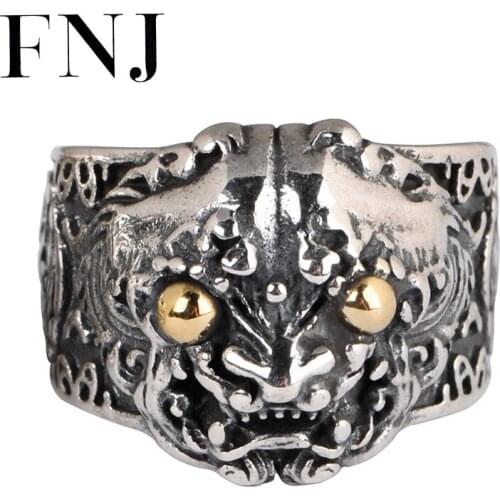 FNJ Animal Lion Ring 925 Silver Adjustable Size 100% Original Real S925 Solid Silver Rings for Men Jewelry