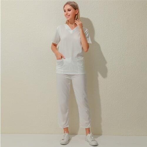 Quality Nursing Uniforms Suit For Feminine Slim V-Neck Work Clothes For Feminine Pocket Solid Color Set Short Sleeve Top&Pant
