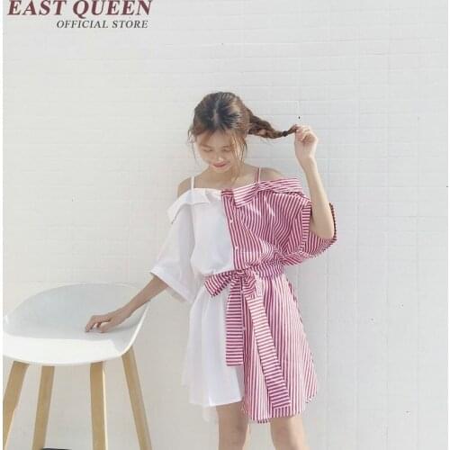 Fashion summer kawaii clothing open shoulder dress batwing sleeve 2018 teenagers dress patchwork striped dress NN0609 YQ