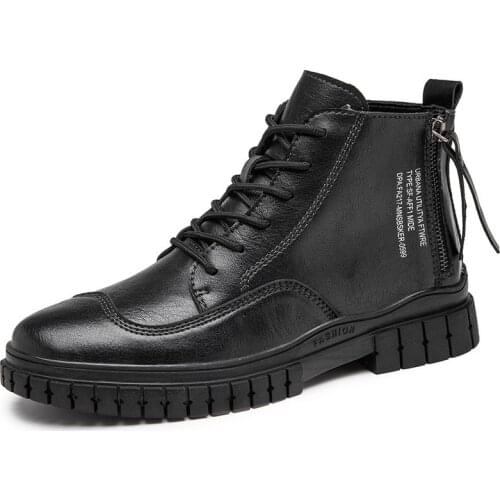 Leather Boots Mens Shoes Autumn 2021 New High-top Casual Leather Boots Mens Mid-top Zipper Black Boots Non-slip Wear-resistant