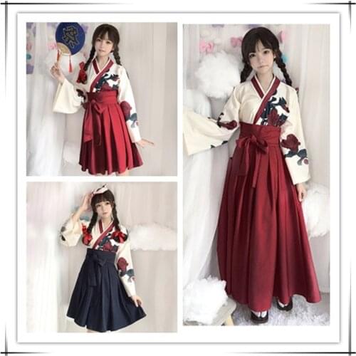 New Girls Japanese Style Retro Kimono Floral Long Sleeve Woman Party Dress Summer Fashion Outfits Top Bow Skirt for Female