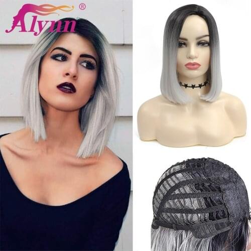 Alynn Ombre Silver Gray Wig Synthetic Short Straight Colorful Bob Wigs Shoulder Length Heat Resistant Cosplays Wigs For Women