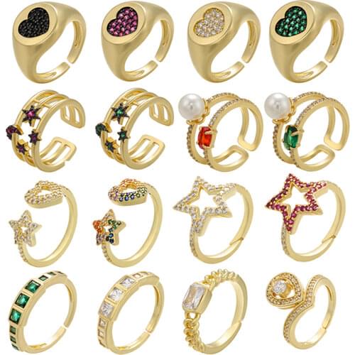 T CZ Heart Crown Star Women Ring Gold Silver Color Open Cuff Water Drop Lady Finger Ring Wedding Engagement Adjustable Couple