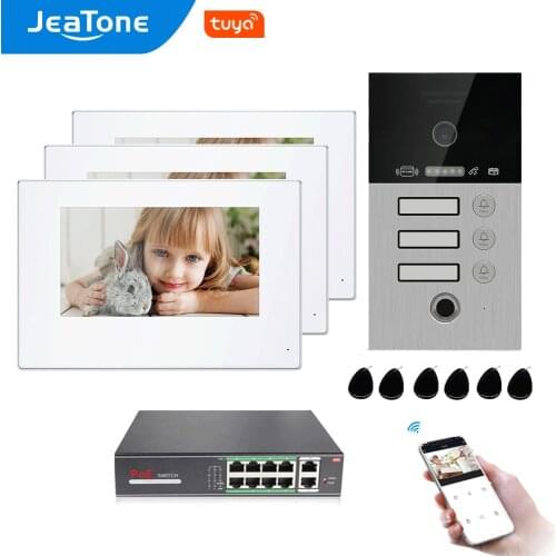Jeatone Tuya Smart IP Video Doorbell for 3Apartment Intercom with 170° Viewing Degree Door Phone Fingerprint/Cards/Screen Unlcok