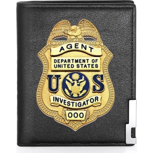 High Quality Luxury US Police Badge Printing Leather Wallet Credit Card Holder Short Male Slim Purse For Men