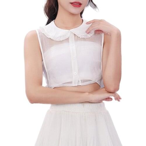 Women Sweet Ruffles Lapel False Collar Button Sheer Detachable Half Shirt Dickey 649C