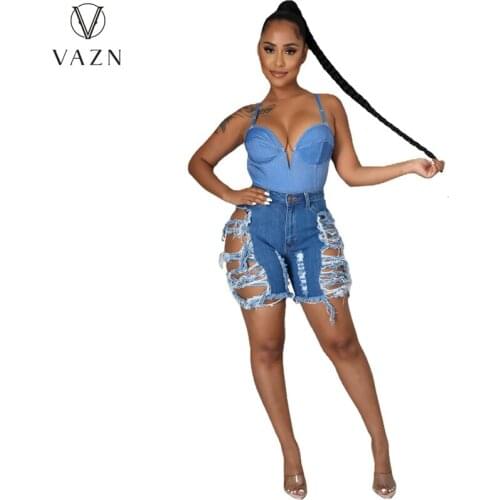 VAZN 2021 Top Quality Hollow Out Hole Denim Short Pants Sexy Young Special High Street Women Short Pants
