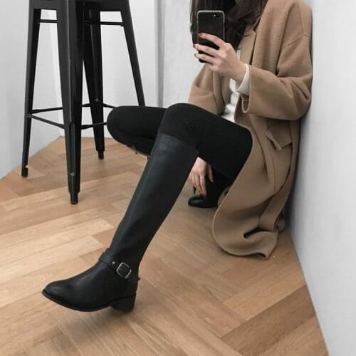 2020 Leather High Heels Knee-high Boots Ladies 4CM/6CM Round Toe Thick Heel Boots Autumn and Winter Black Boots Size 33-42
