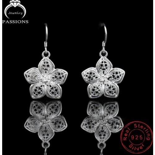 Hot Sale Ethnic Style 925 Sterling Silver Drop Earrings Maxi Style Hollow Rose Flower Zircon Pendant Earring Women Jewelry Gift