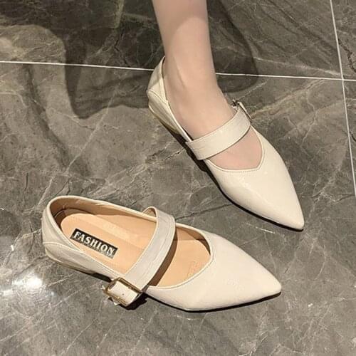 2020 Autumn Women Shoes Pointed Toe Mary Janes Shoes Buckle Flats Ladies Low Heels Dress Shoes zapatos mujer Spring Red 8433G