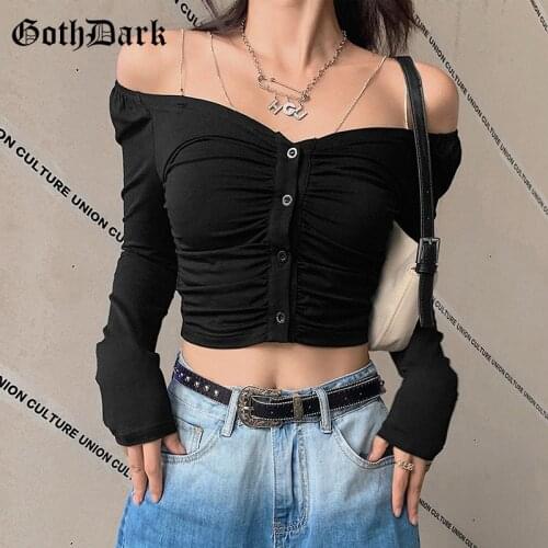 Goth Dark E-girl Sexy Off Shoulder With Chain Black T-shirts Gothic Ruched And Button Front Long Sleeve Slim Women Crop Cardigan