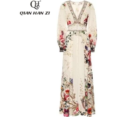 Qian Han Zi autumn designer fashion runway Maxi dress Women Lantern Sleeve V-neck Crystal Elegant Flower Print Beach Long Dress