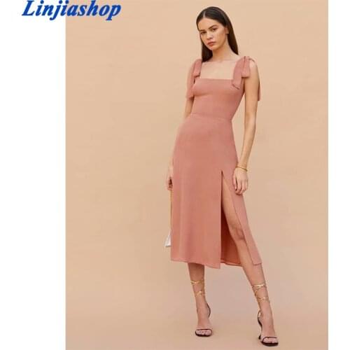 Nude Pink Tied Long Dress Women Square Collar Vintage Summer Dress Backless French Style Party Dresses Holiday