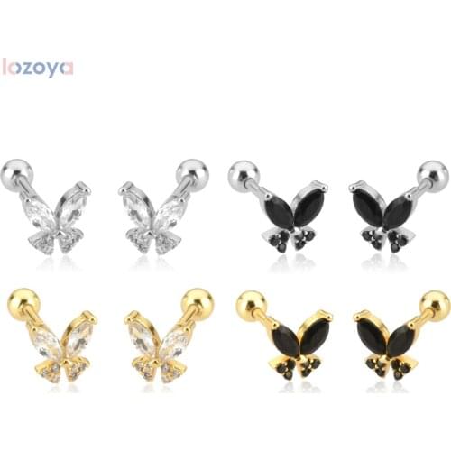 Lozoya 925 Sterling Silver 2021 Gold Clear Butterfly Clips Wedding Piercing Stud Earring Women Rock Punk Party Accessories