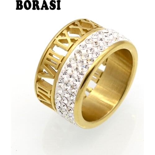 12mm Width 3 Row Crystal Rings For Women anel Fashion Hollow Out Roman Number Brand Jewelry Gold Color Stainless Steel Ring