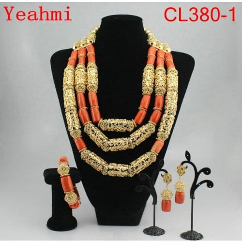 2018 African Jewelry Sets Nature Coral African Beads Nigerian Gold Balls Dubai Wedding Jewelry Sets Bridal Jewelry CL380-1