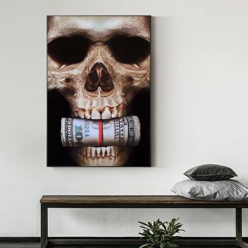 Abstract Skull Head with Money Canvas Paintings Posters and Prints Dollar Art Canvas for Home Decoration Bar Wall Art Picture