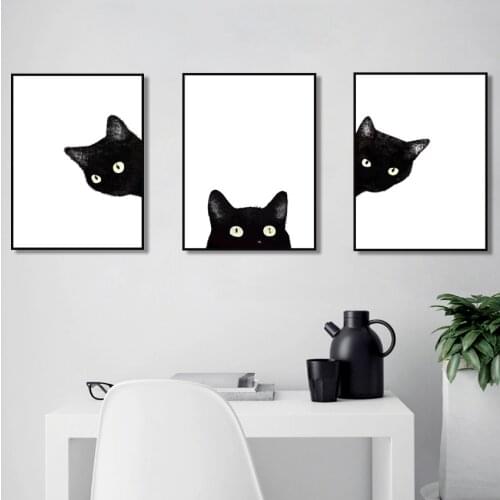 Watercolor Minimalist Kawaii Animals Black Cats Head Canvas Art Print Poster Nordic Wall Picture Home Decor Painting